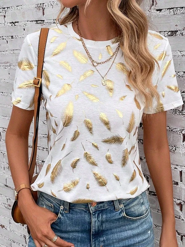 Bronzing Short Sleeves Loose Round-Neck T-Shirts Tops