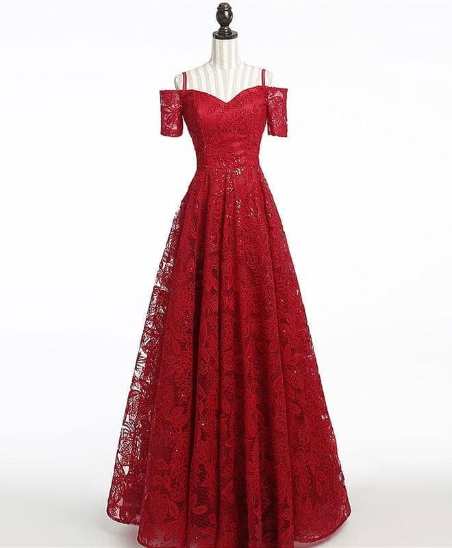 Unique Burgundy Lace Long Prom Dress, Burgundy Evening Dress