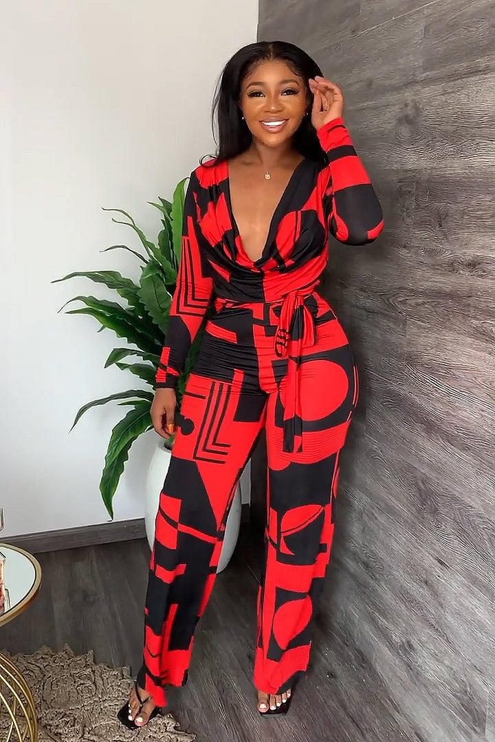Graphic Print Open Neck Top Wide Leg Pant Set
