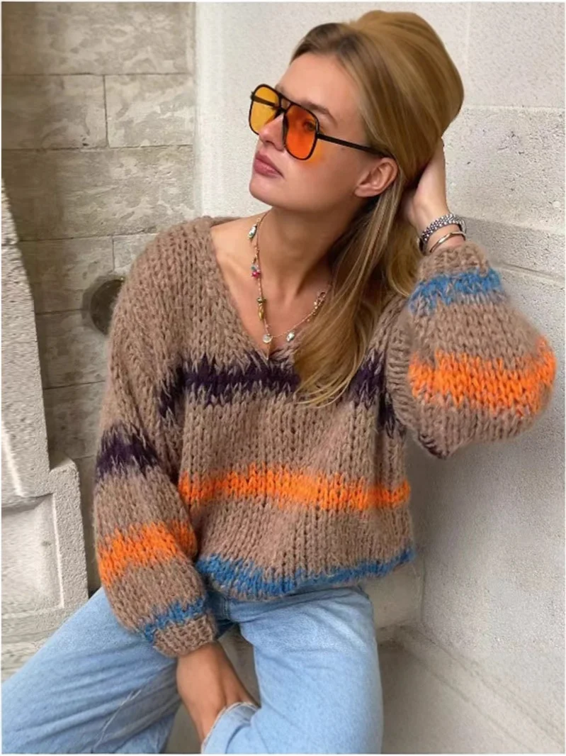 Athvotar Athvotar Autumn And Winter Loose Color Stripe V-Neck Collar Knitted Shirt Long-Sleeved Sweater Woman