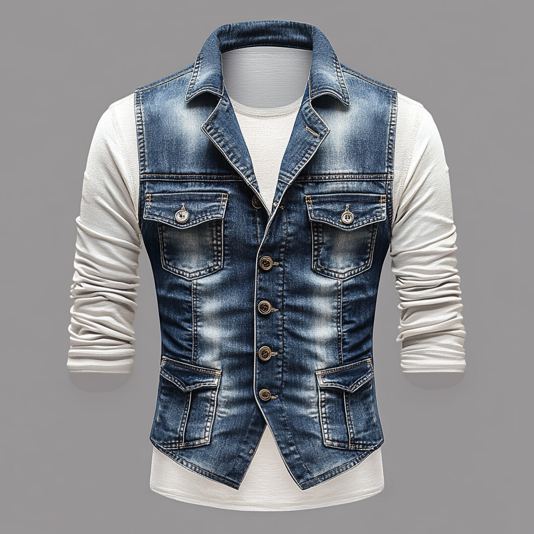 Men's Shirt Collar Single Breasted Pocket Denim Vest