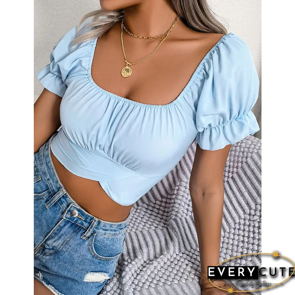 Light Blue Back Lace-up Slim Waist Chiffon Crop Tops