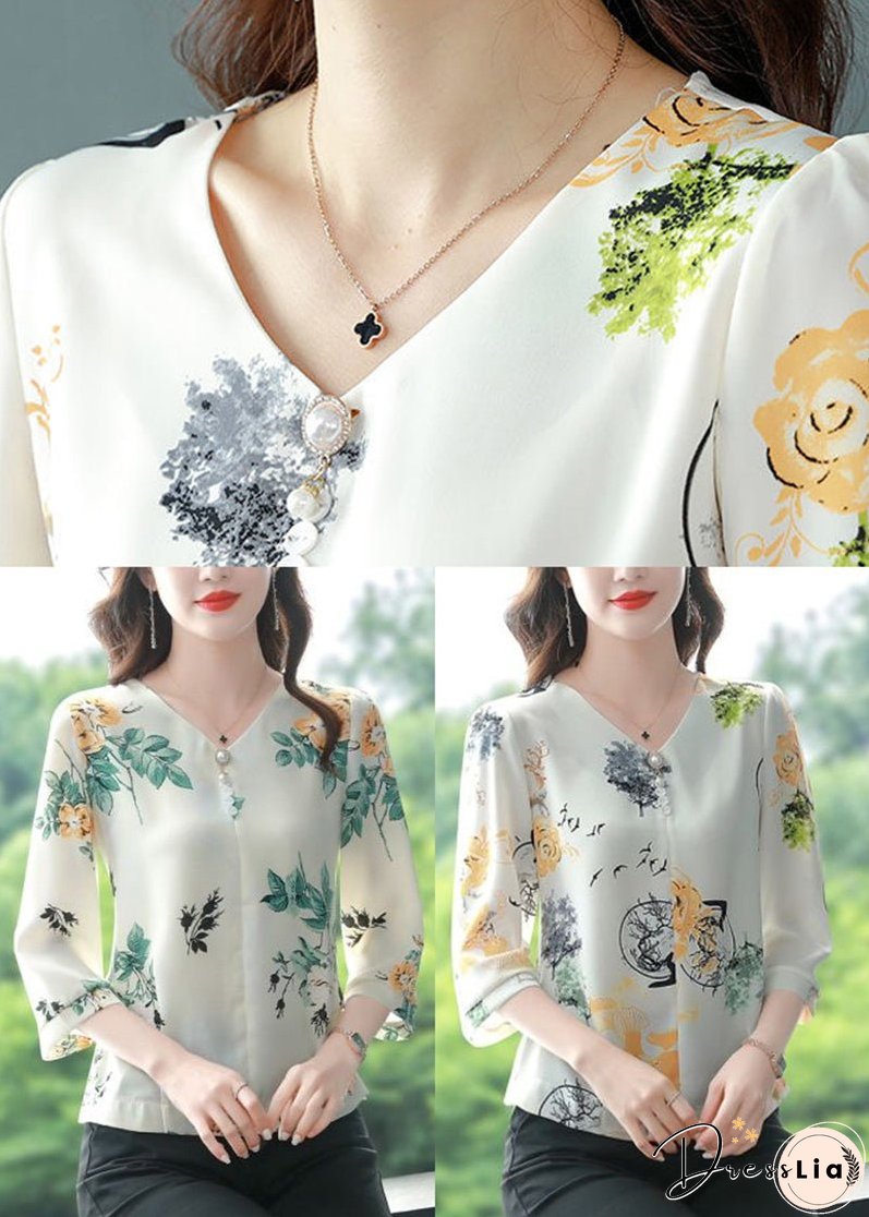 Green Leaf Print Chiffon Shirts V Neck Nail Bead Bracelet Sleeve