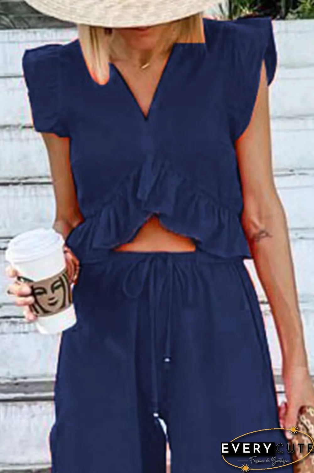 Casual Solid Flounce V Neck Sleeveless Two Pieces(9 Colors)