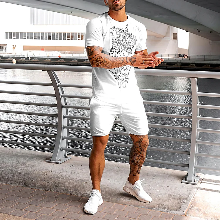 Fashion White Print Casual T-Shirt And Shorts Two-Piece Set
