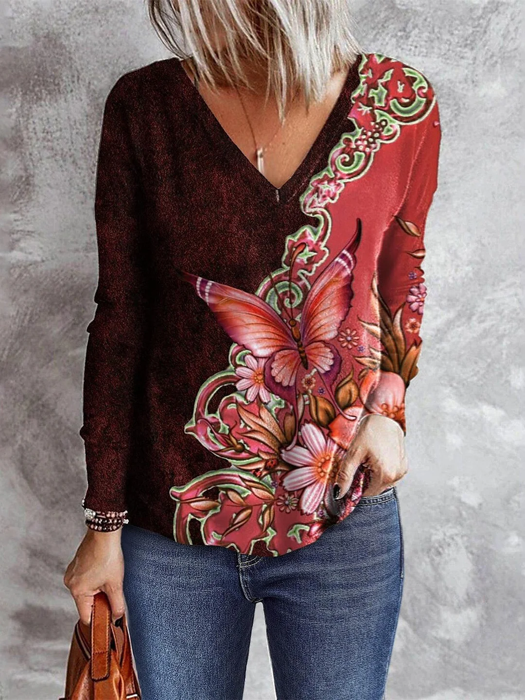 Women Long Sleeve V-neck Graphic Floral Printed Top