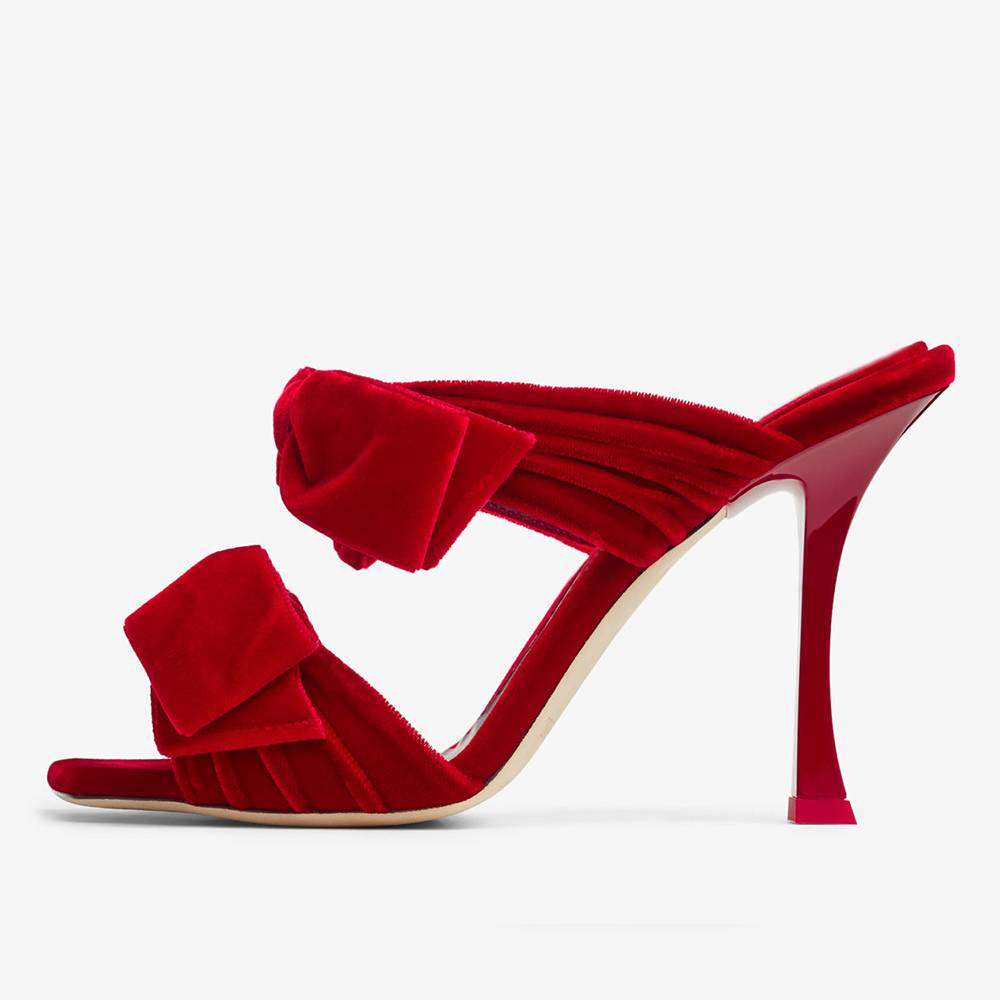 Red Velvet Square Toe Pleated Strap High Heel Mules with Bow Nicepairs