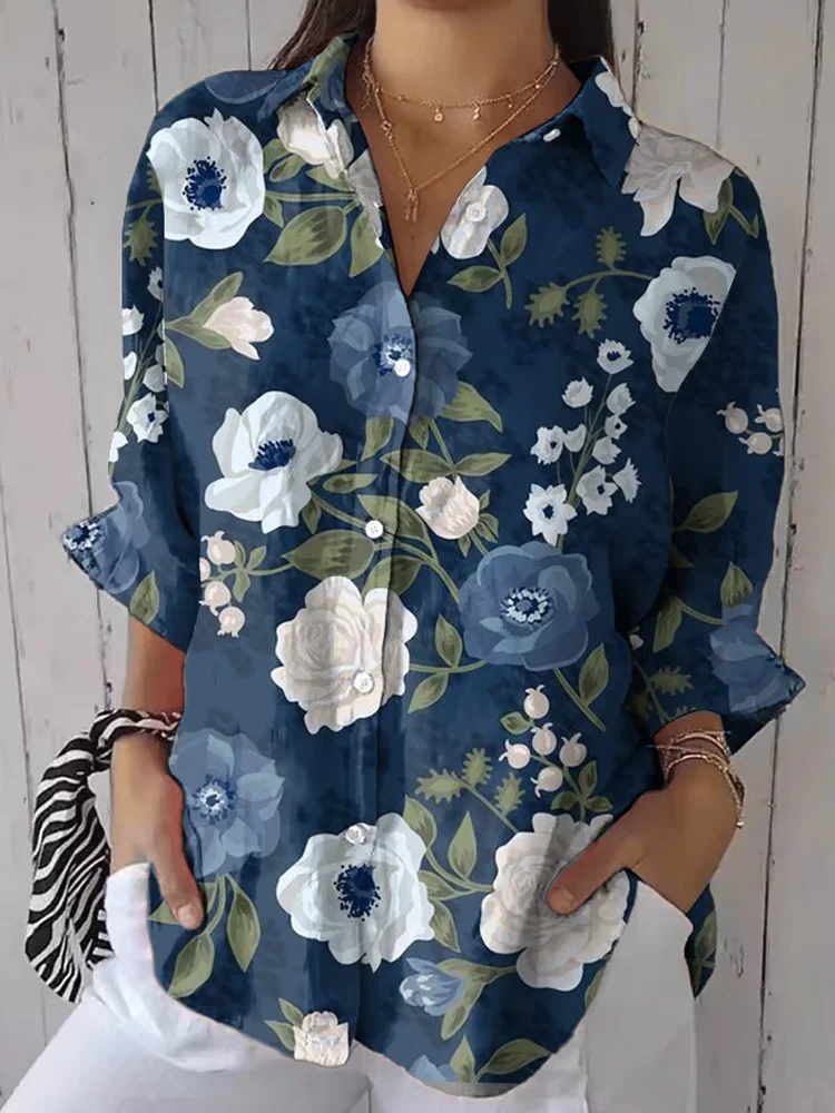 VChics Women's Vintage Floral Print Casual Lapel Shirt
