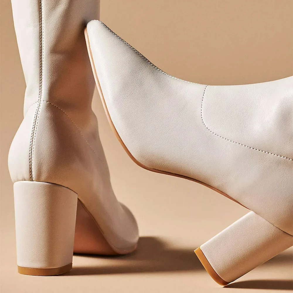 Ivory Pointed Toe Chunky heel Knee High Stretch Boots with Side Zipper