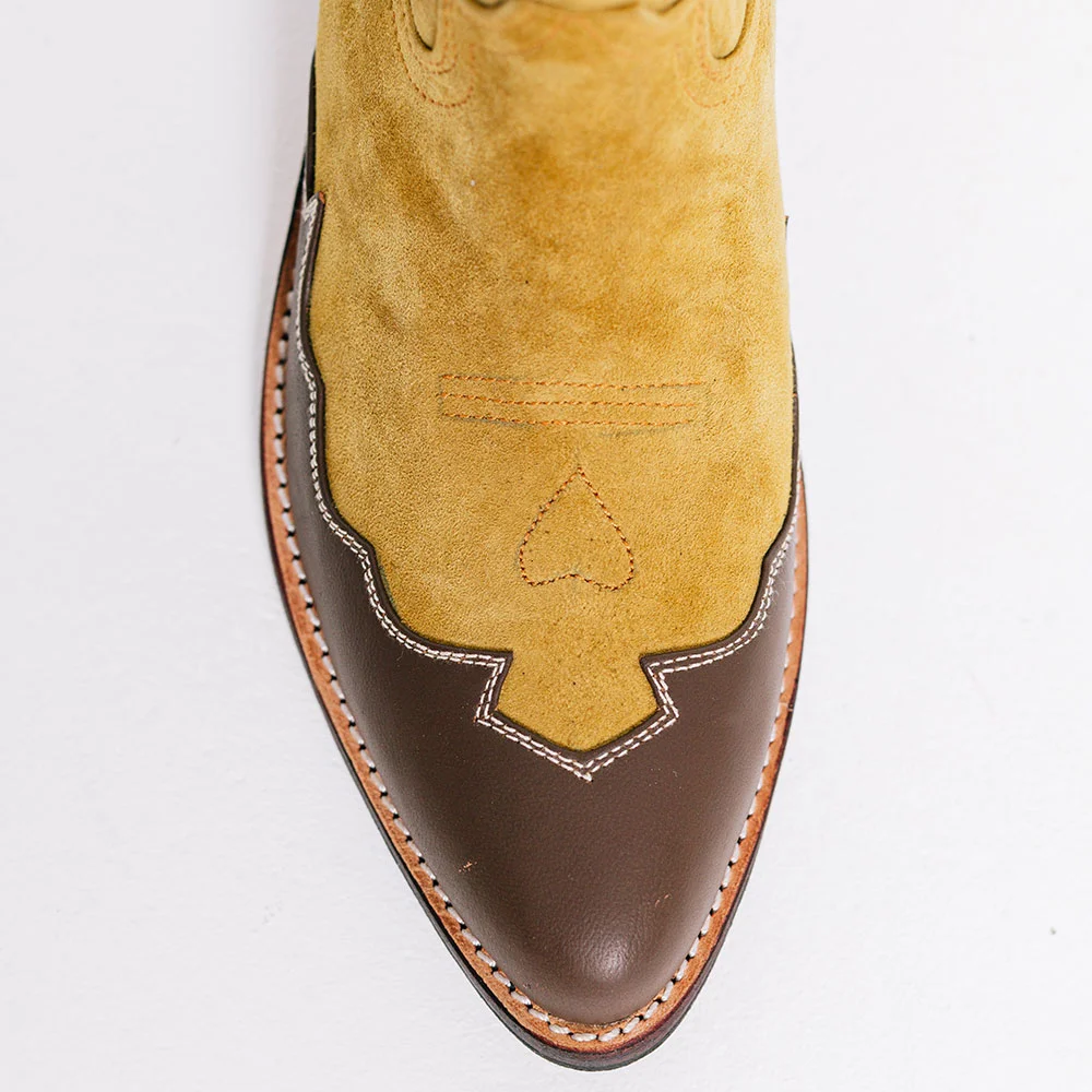 YDN Brown & Yellow Patchwork Chunky Heel Flower Cowboy Boots