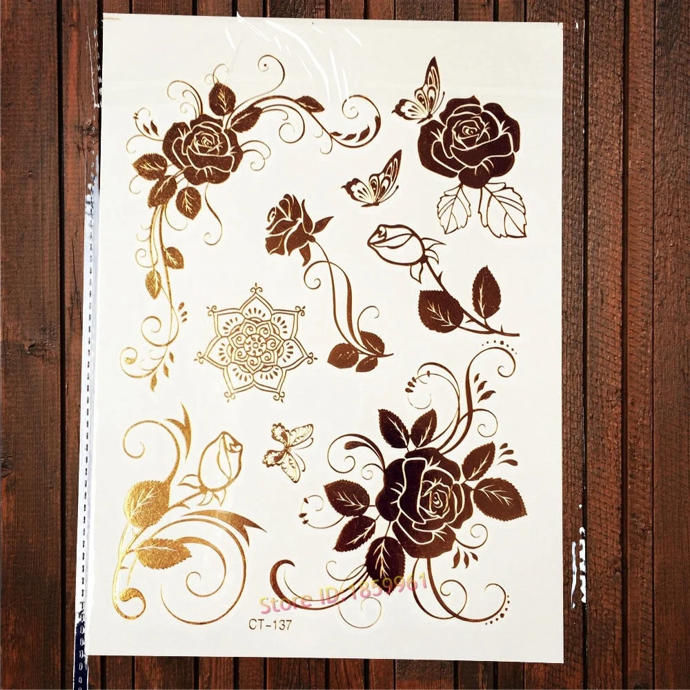 Sexy Leopard Print Tattoo Gold Metallic Wing Design Temporary Tattoo Sticker Women Body Art Waterproof Fake Tatoo Decals AYS-125