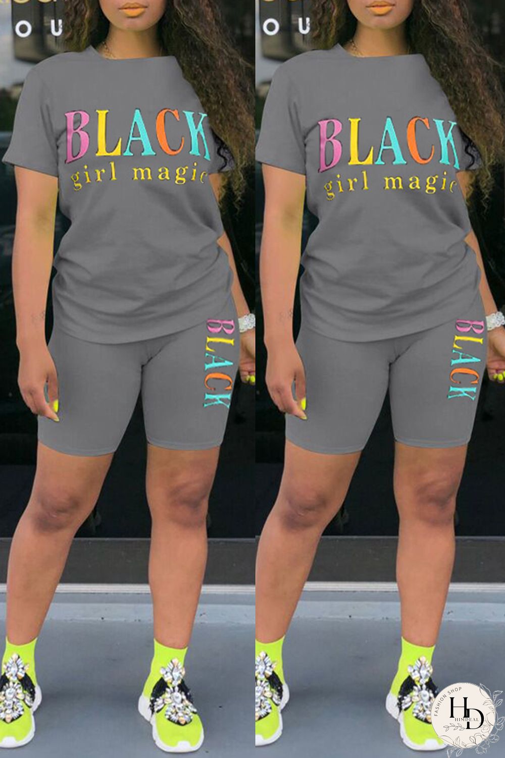 Black Fashion Casual Letter Print Basic O Neck Short Sleeve Two Pieces