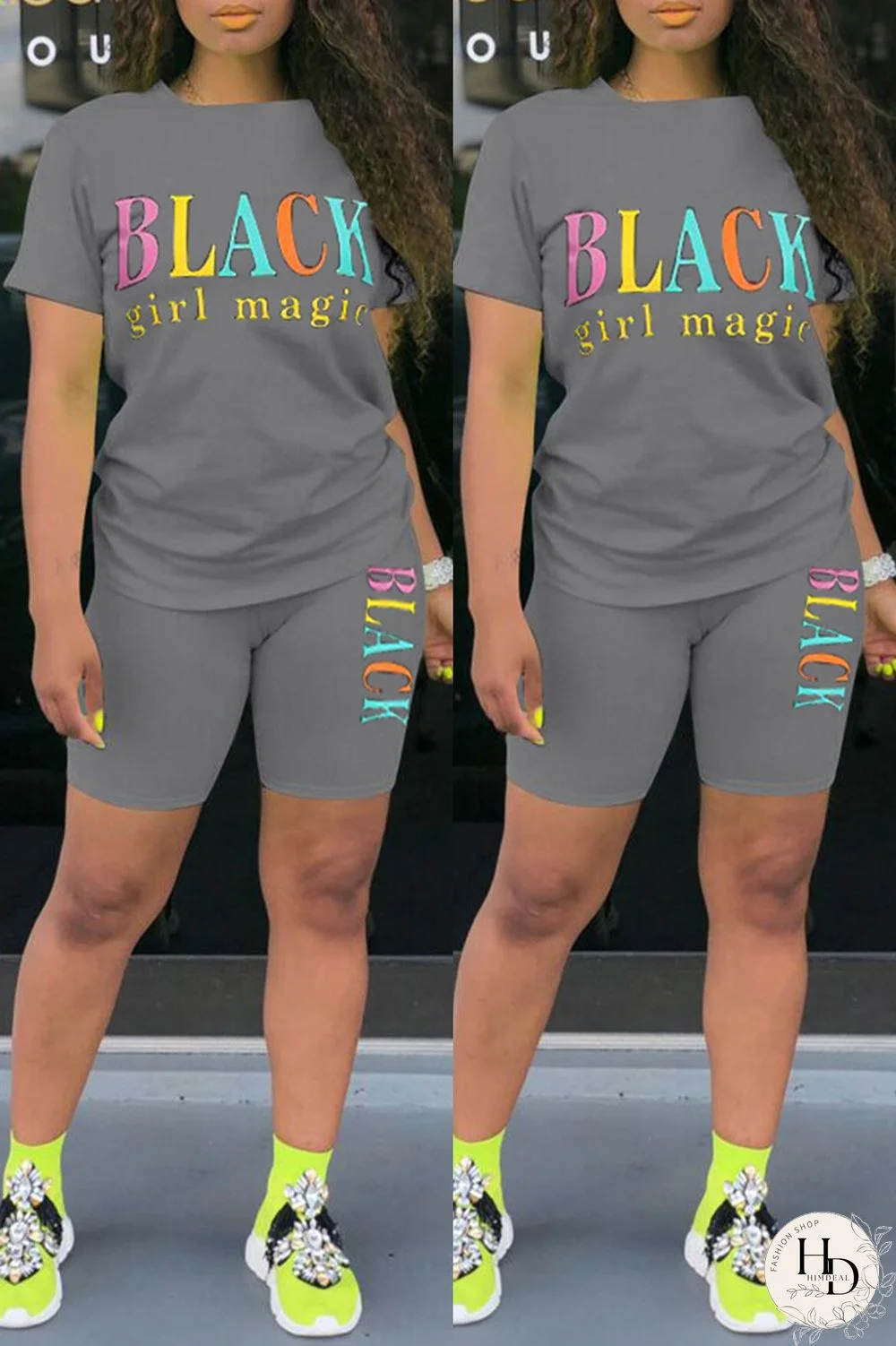 Black Fashion Casual Letter Print Basic O Neck Short Sleeve Two Pieces