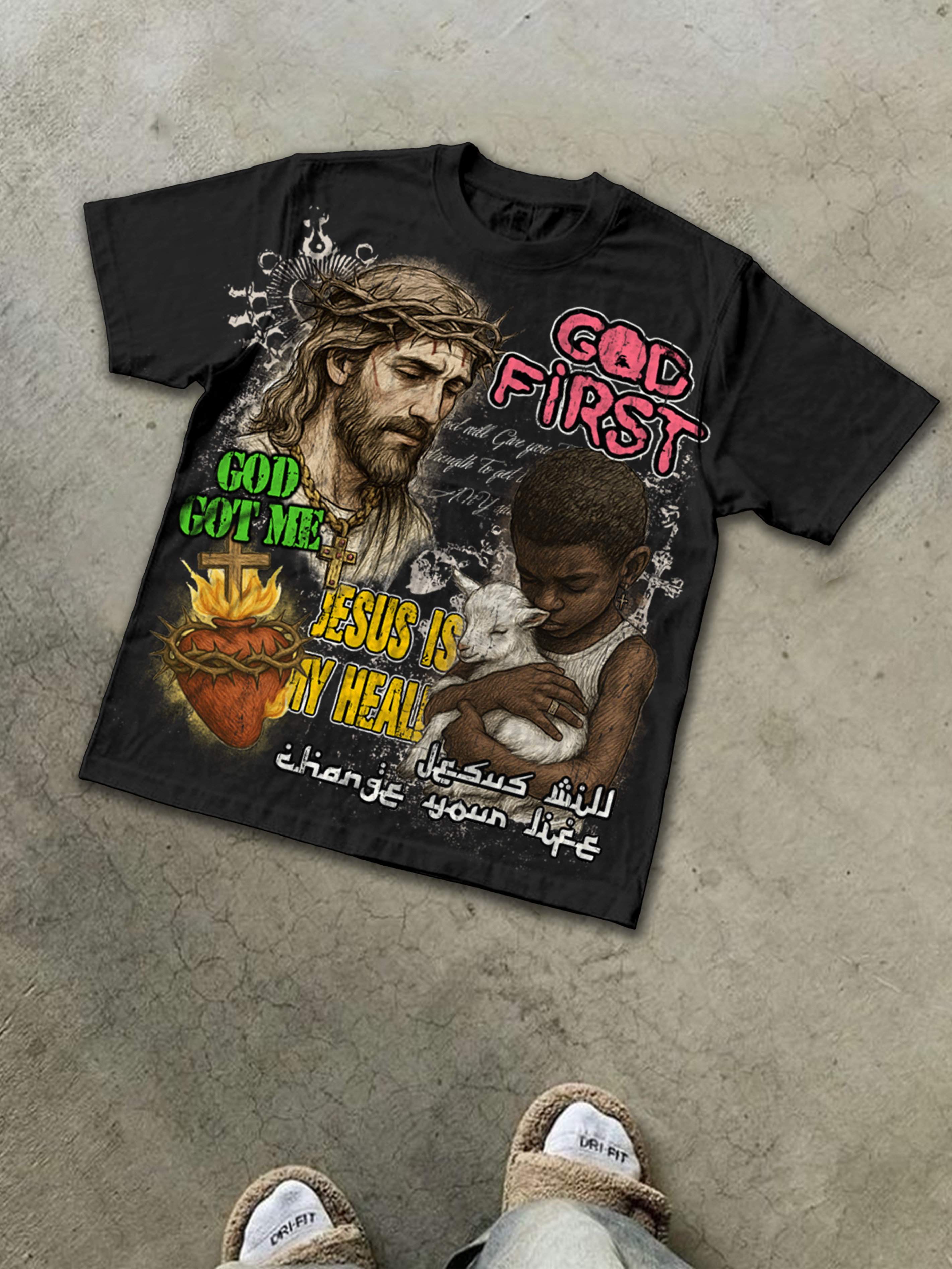 Jesus Is My Healr Vintage Black Boy Graphic Cotton T-shirt