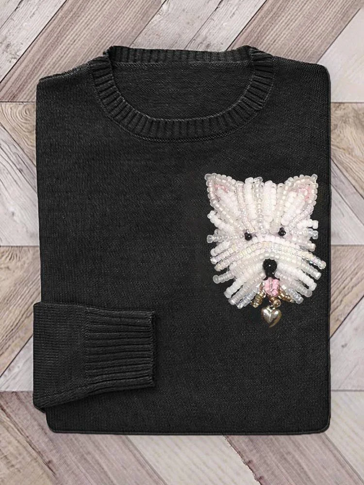 VChics West Highland White Terrier bead embroidery Cozy Knit Sweater