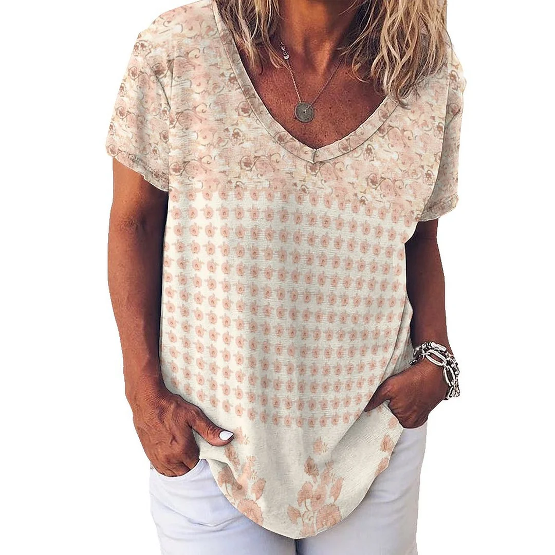 V-neck Short Sleeve Casual T-shirt for  Women Printed with Pattern Floral, Pink