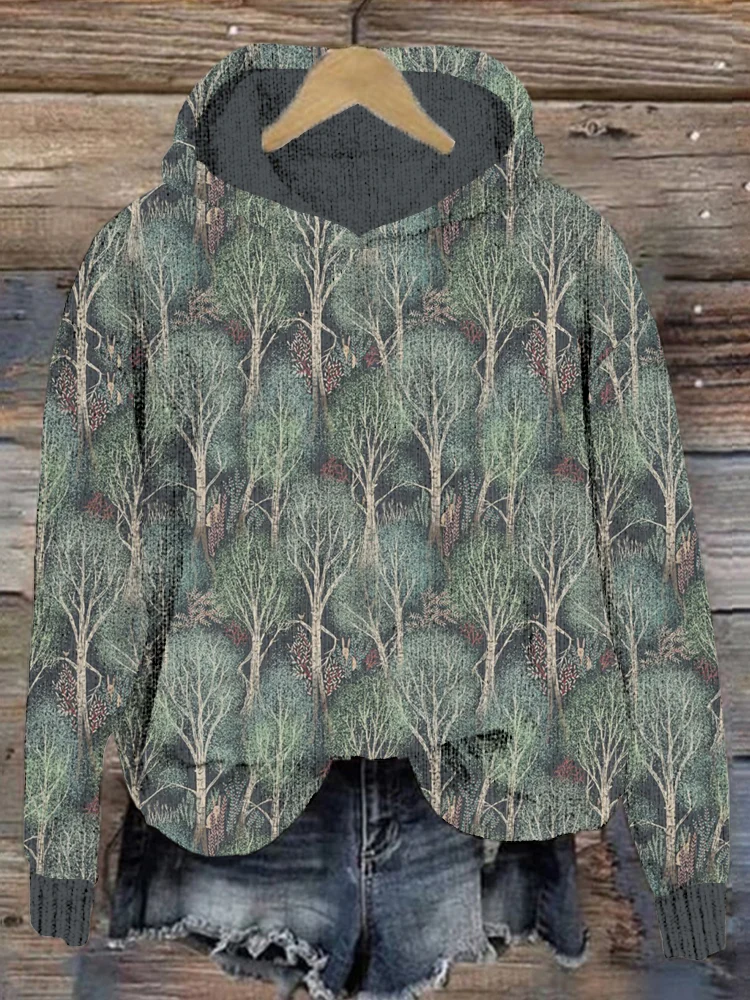 🔥kukelife🔥Whimsy Forest with Dancing Trees Graphic Cozy Knit Hoodie