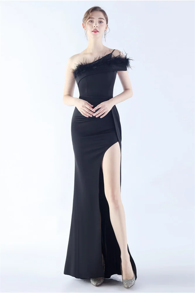 Bellasprom One Shoulder Feather Mermaid Evening Dress Sleeveless With Split