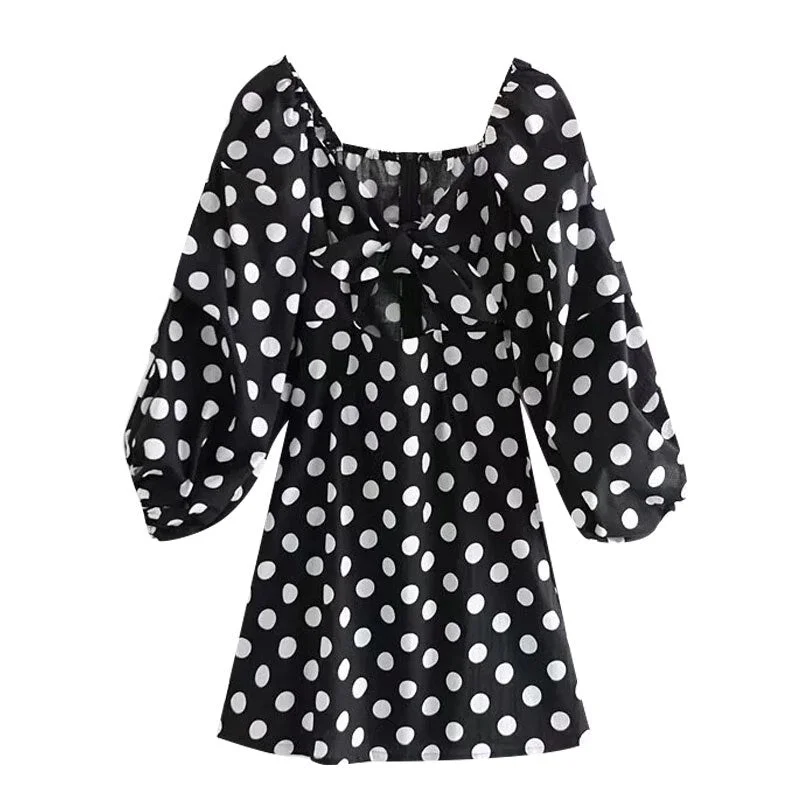 TRAF Women Chic Fashion With Bow Hollow Out Polka Dot Mini Dress Vintage Puff Sleeve Back Zipper Female Dresses Mujer