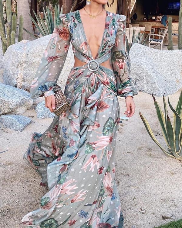 Sexy Long Sleeve V Neck Long Dress