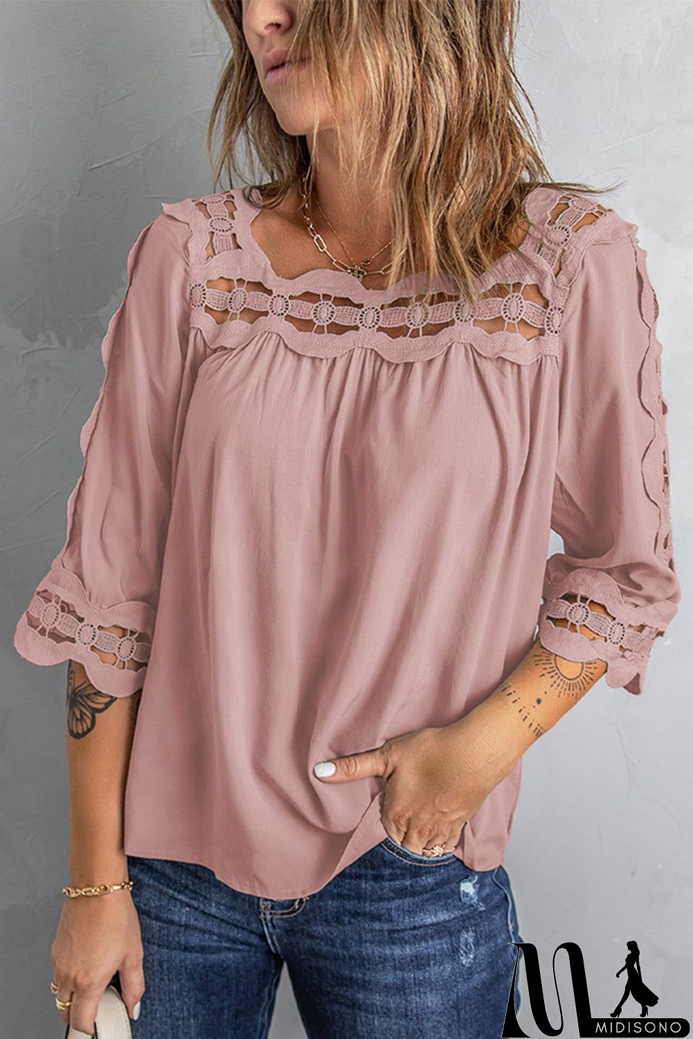 MidiSono - Pink Half Sleeve Crochet Trim Blouse