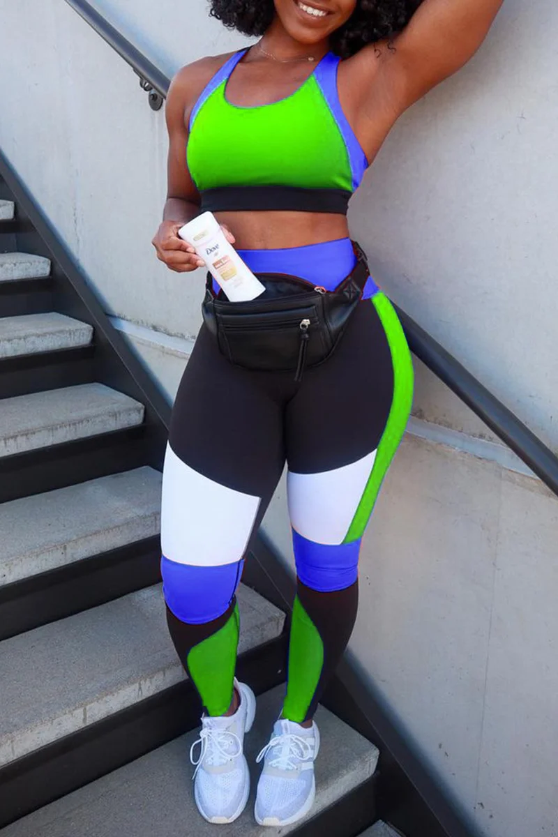 Green Casual Sportswear Patchwork Vests Pants O Neck Sleeveless Two Pieces