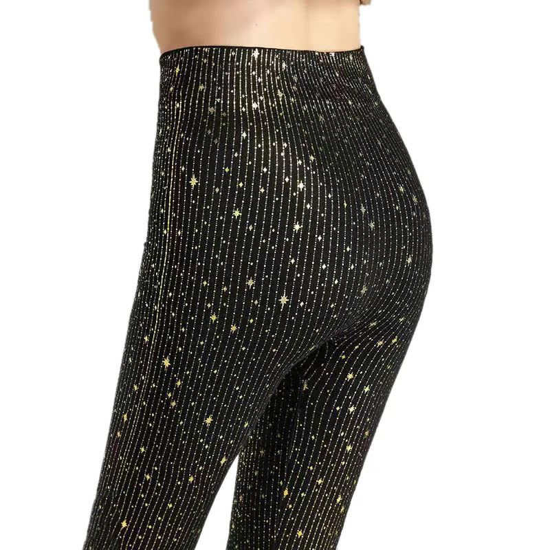 Solid Black Ladies Elegant Pants Shine Bronzing Print Fashion  Slim Leggings High Elastic Leggings Hips Push Up Yoga Pants