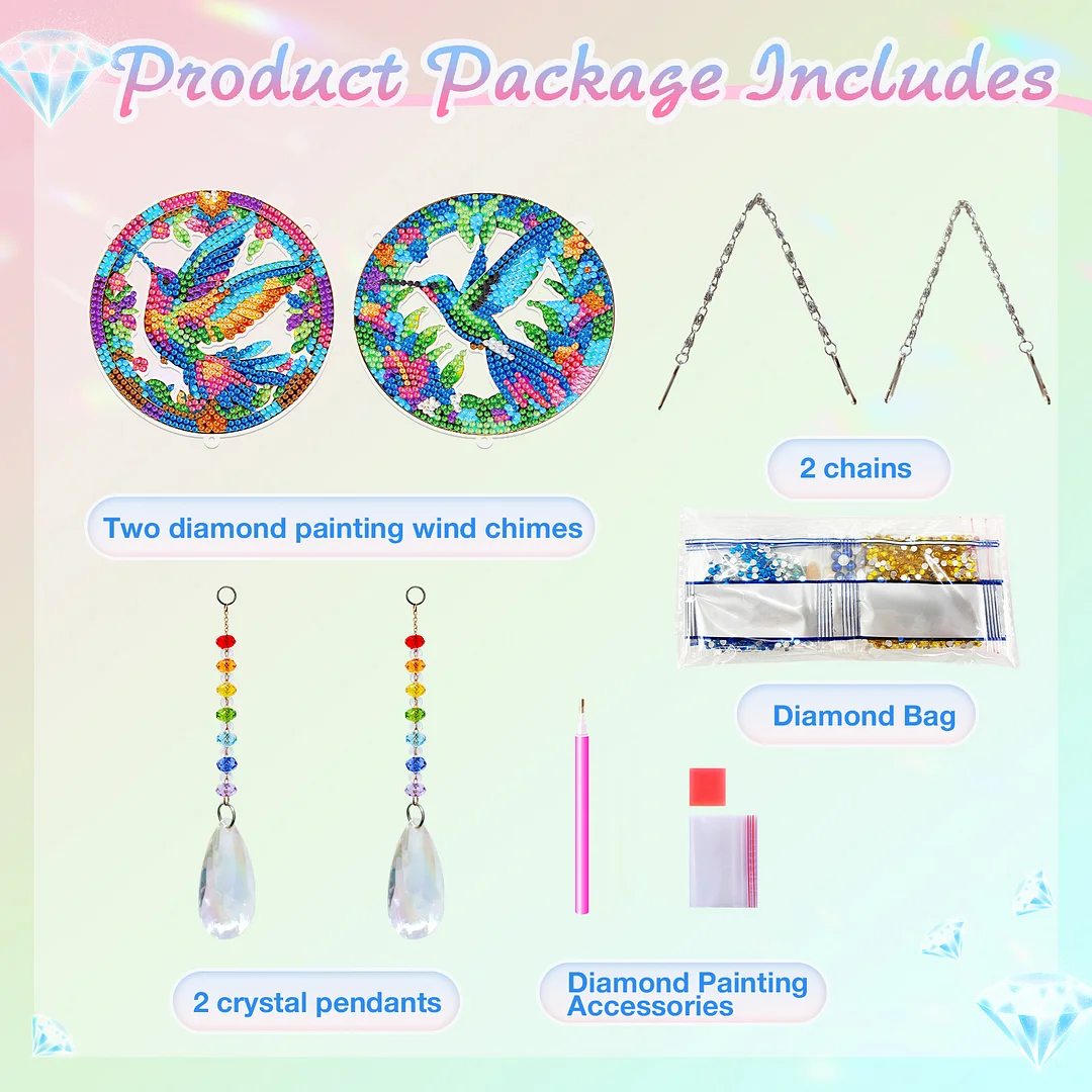 2Pcs Hummingbird DIY Acrylic Diamond Painting Art Wind Chimes with Crystal Pendant Diamond Art Hanging Pendant Double-Sided for Adults Beginners Gift Home Garden Decor