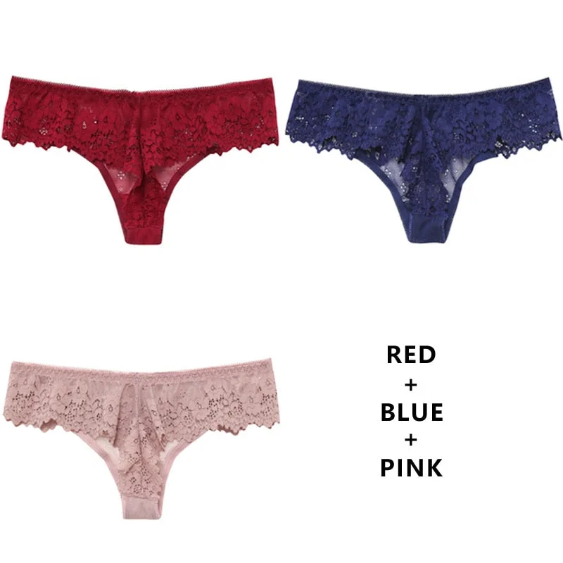Meet'r 3Pcs/Lot Women Sexy Lace Lingerie Temptation Low-Waist Panties Embroidery Underwear Female Thong Transparent G String