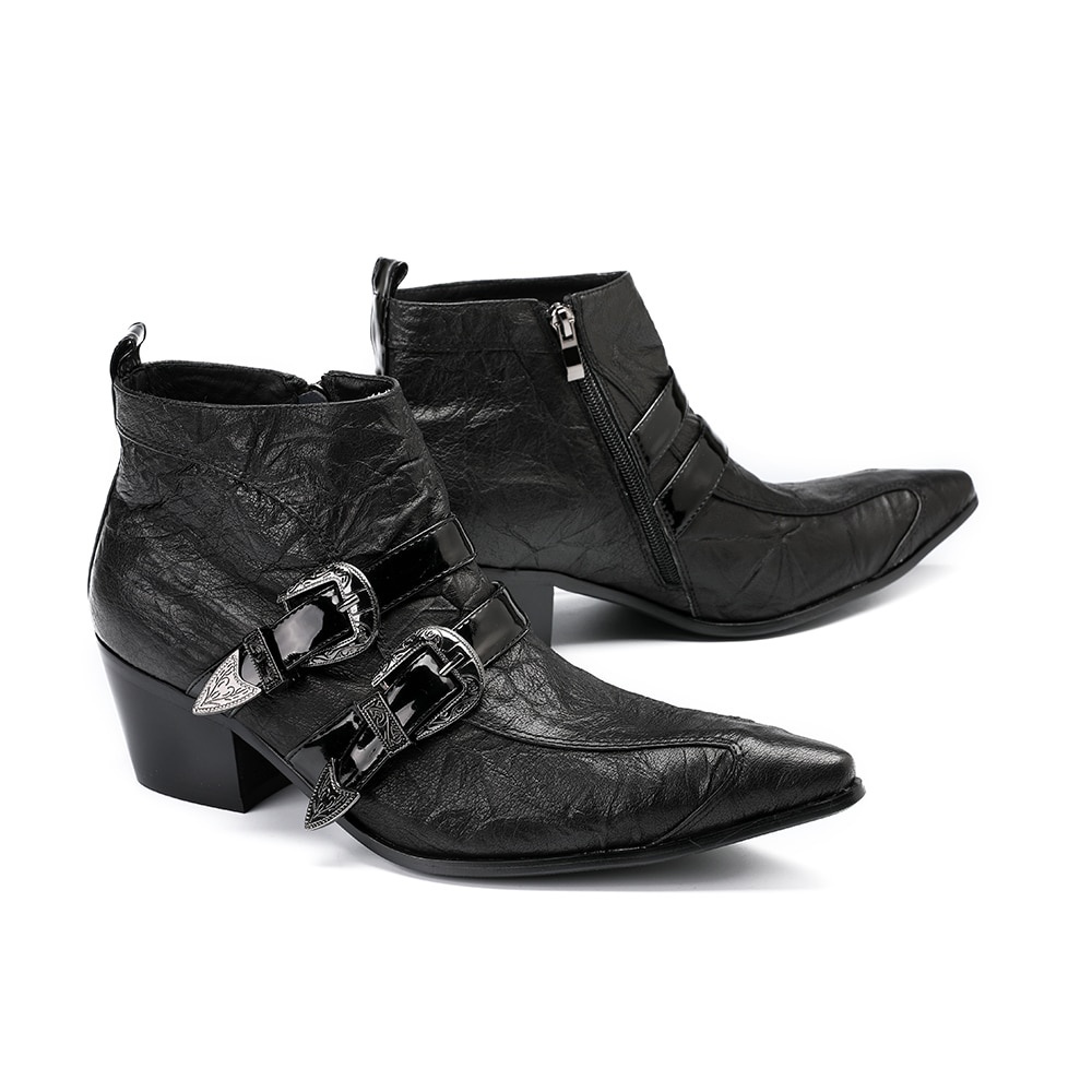 Solid Buckle Men Shoes Leather Boots Pointed Toe Boots Plus Size Zipper Ankle Boots