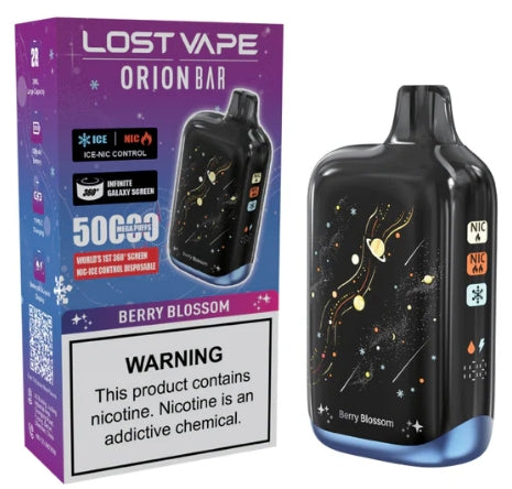 Lost Vape ORION BAR 50K disposable vape in Berry Blossom flavor with galaxy design and packaging.