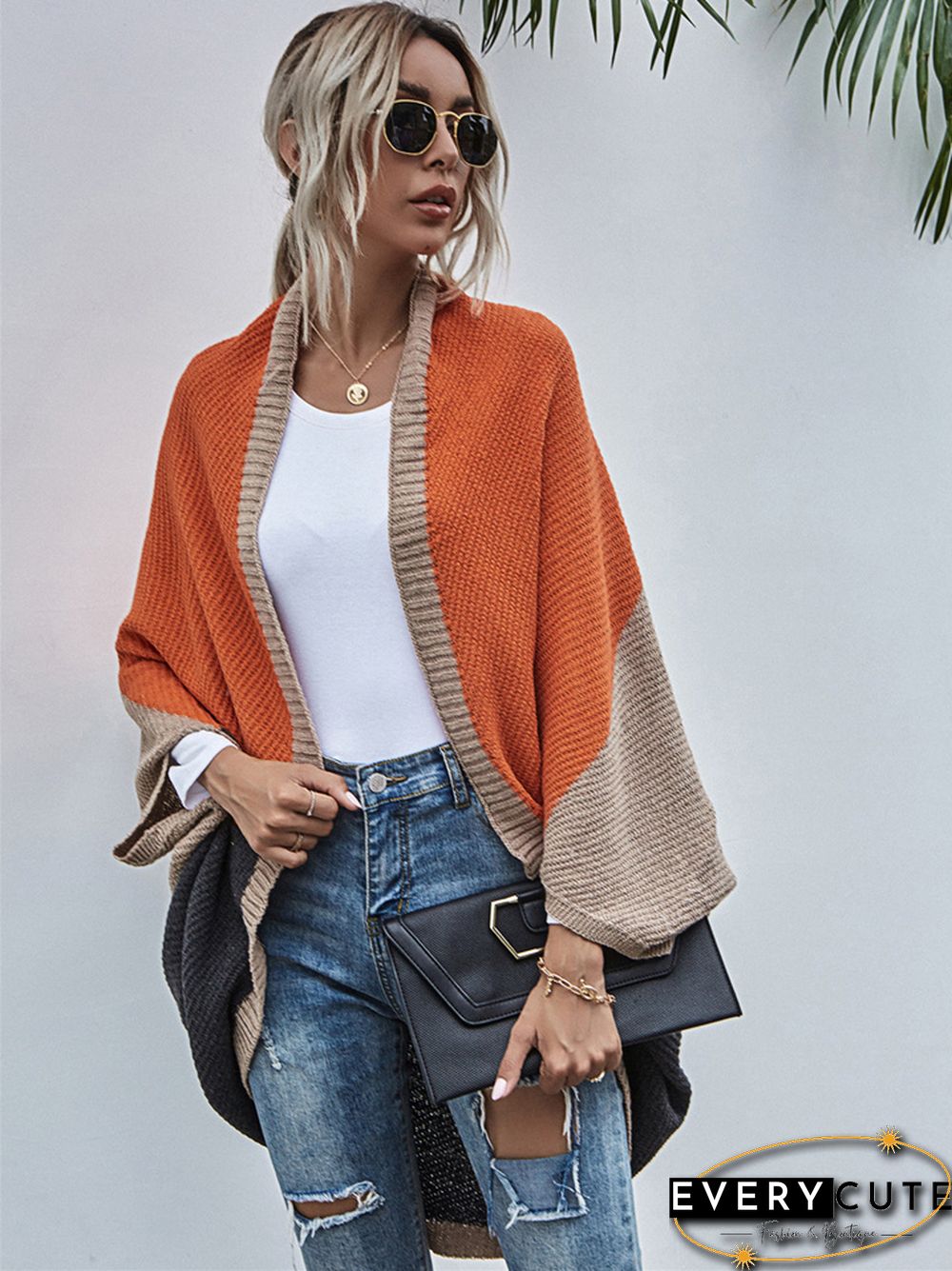 Contrast Shawl Knitted Cardigan Sweater