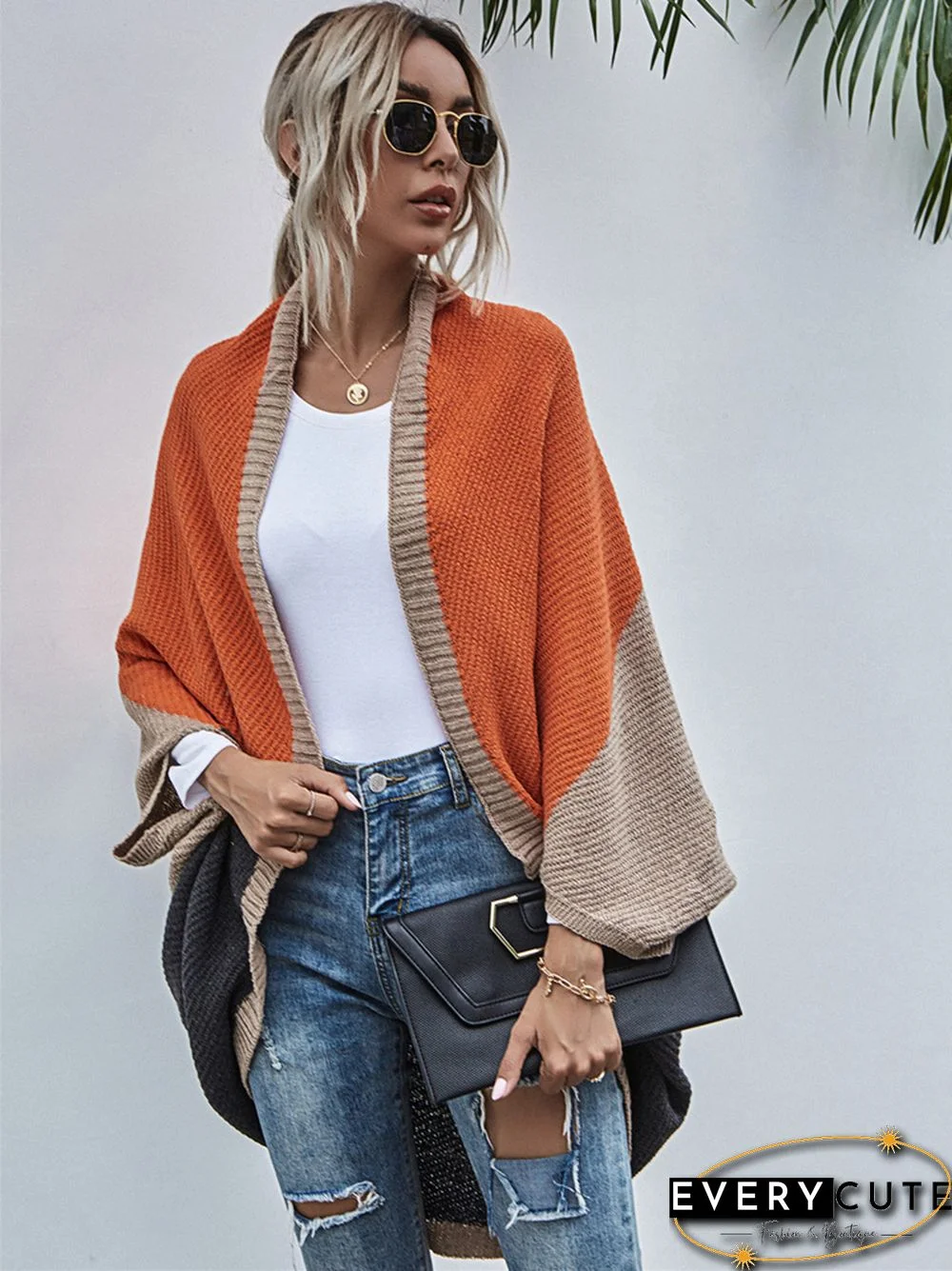 Contrast Shawl Knitted Cardigan Sweater