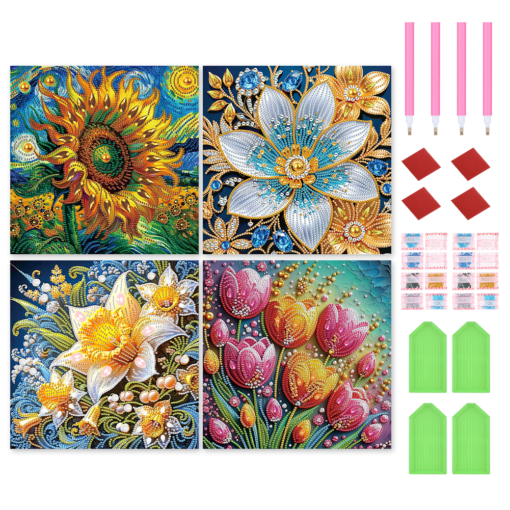 4pcs Flowers 30*30cm(canvas) special shaped drill diamond painting