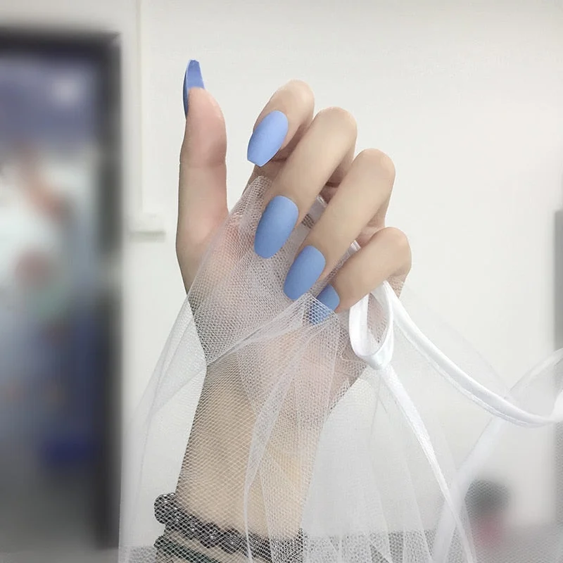 24Pcs Europe and the United State Beam ballerina fake press on nails Long Round Head Khaki matt fake nails with glue for girls-Nail Inspo