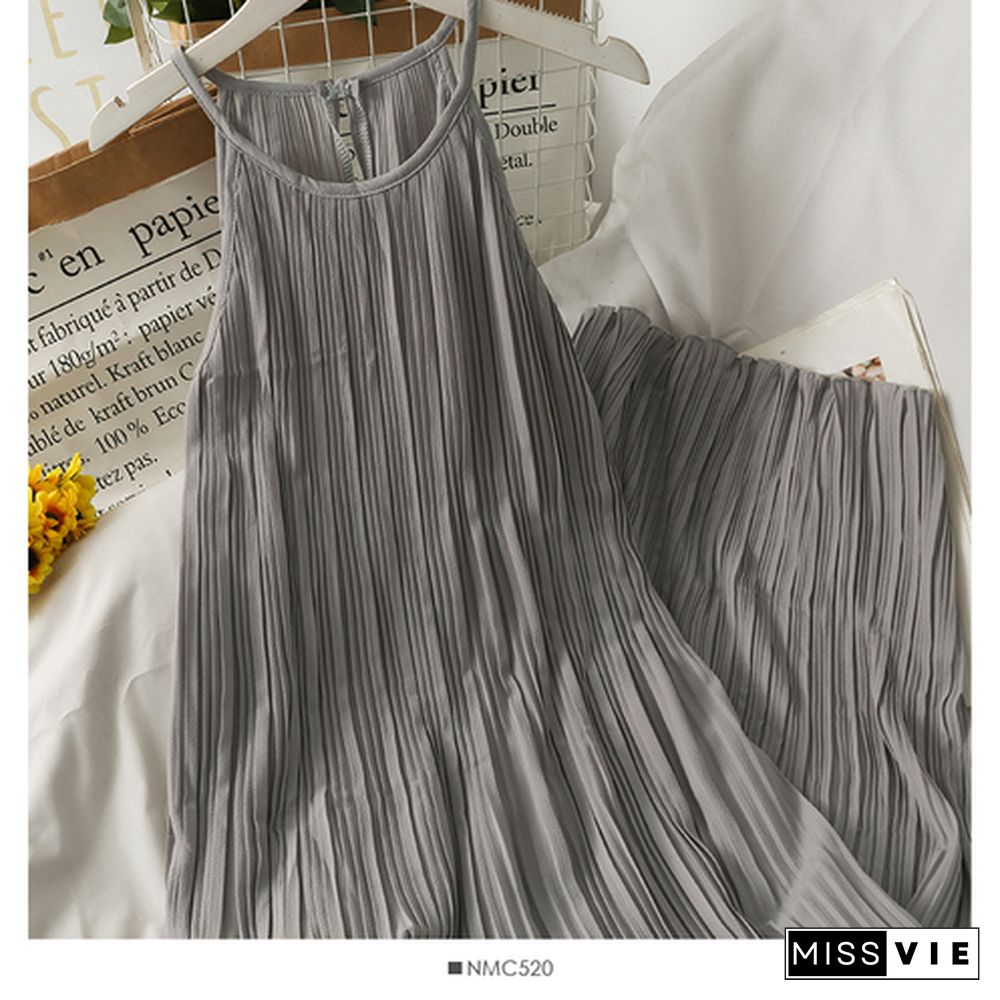 Dress Women Summer Retro Simple Chic Loose Off Shoulder Pleated Dresses Female Midi Sundress Trendy Sleeveless Vestidos Daily