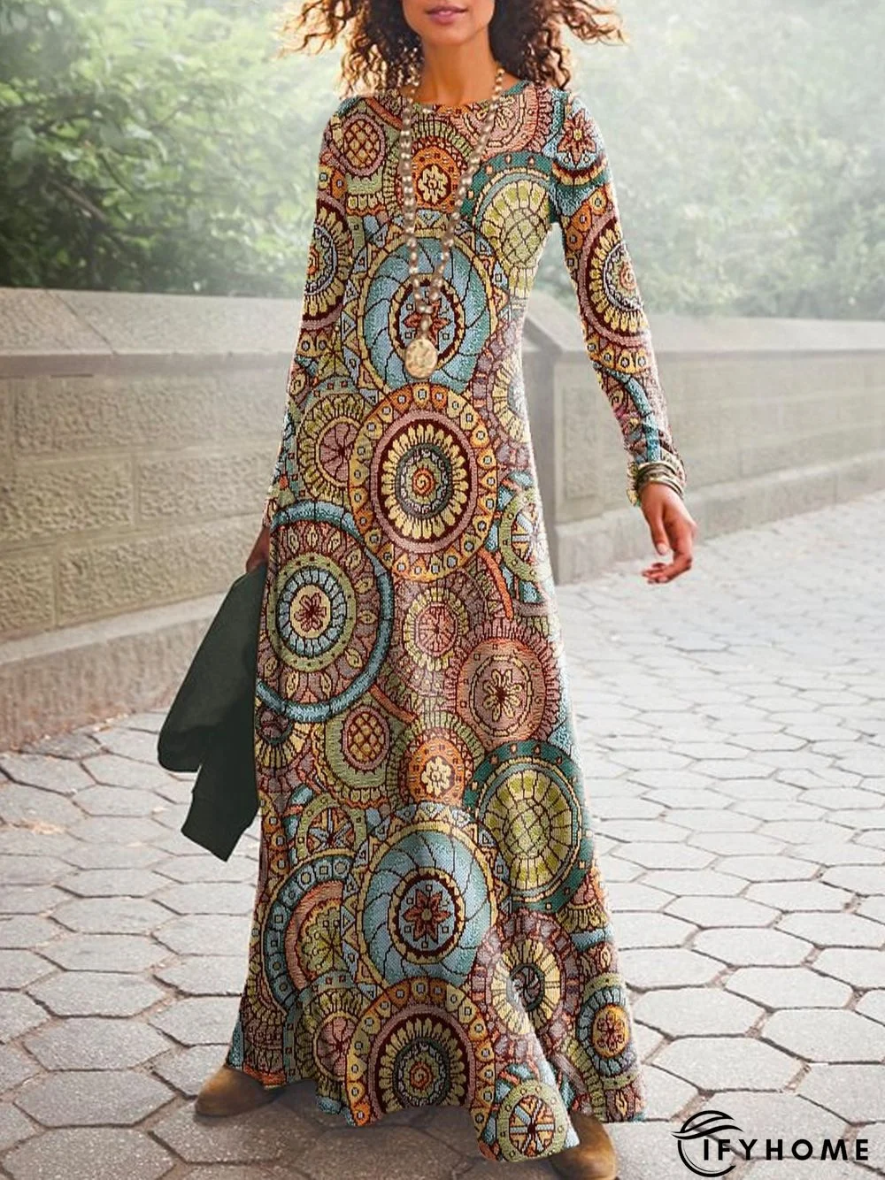 Ethnic Printed Long Sleeve Crew Neck Casual Dress | IFYHOME