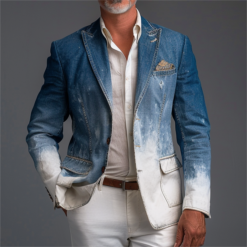 Men's Business Peaked Lapel Three Button Ombre Pattern Denim Blazer