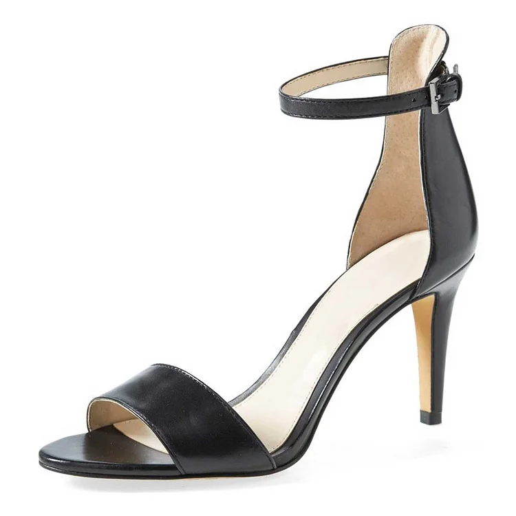 Women's Black Open Toe Stiletto Heels Ankle Strap Sandals |FSJ Shoes