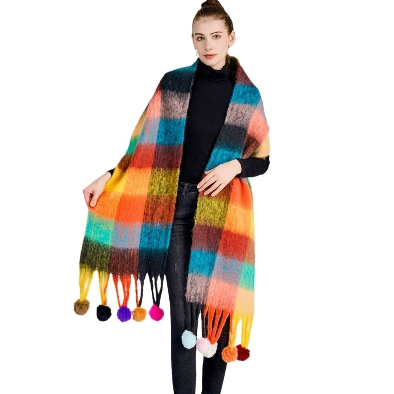 New Rainbow Stitching Dyed Plaid Scarf Women’s Winter Atmosphere Long Style Thickened Tassel Scarf