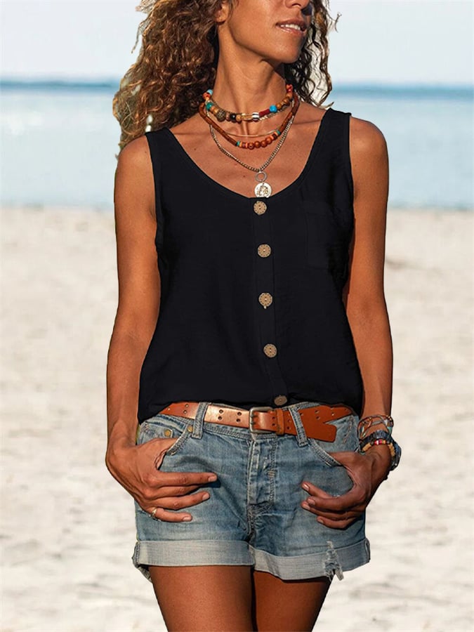 Women's Casual Solid Button Sleeveless Shirt