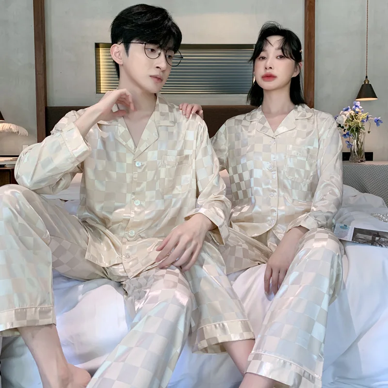 Stolskolb Short-sleeved Shorts Ice Silk Pajamas Men and Silk Satin Pajamas Set Long Sleeved Sleep Women Sleepwear Pijamas Couple Pajamas