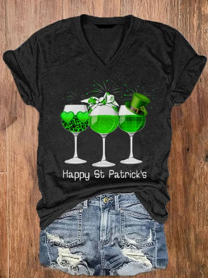 Women‘s Three Wine Glass St Patrick's Day Shamrock Print Casual T-Shirt socialshop