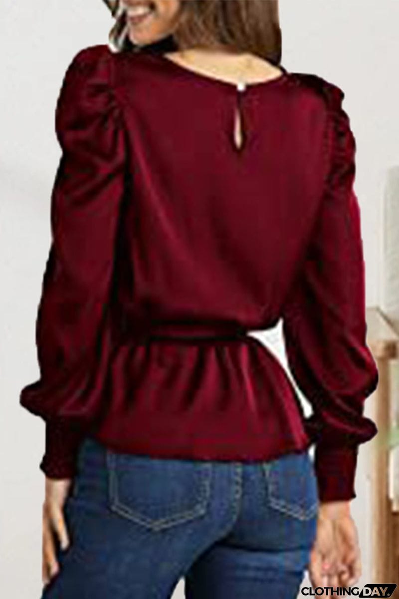 Casual Lace Frenulum Solid Color O Neck Tops(6 Colors)