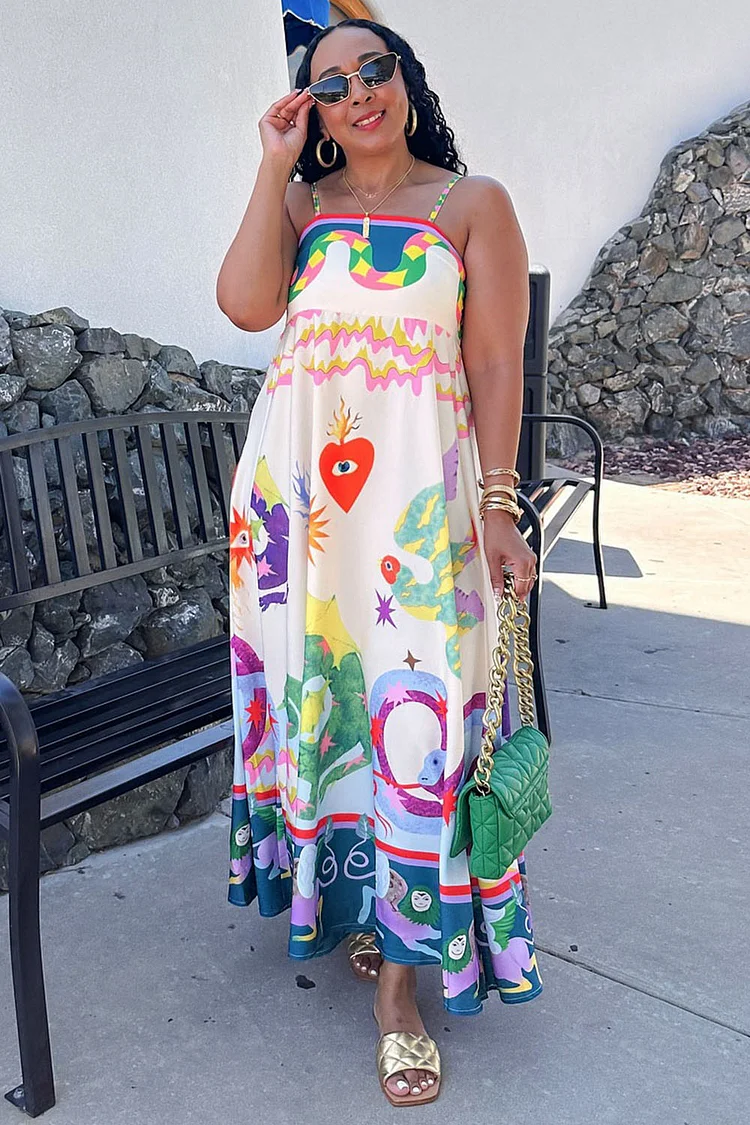 Graphic Print Empire Waist Beach Vacation Slip Maxi Dresses-White