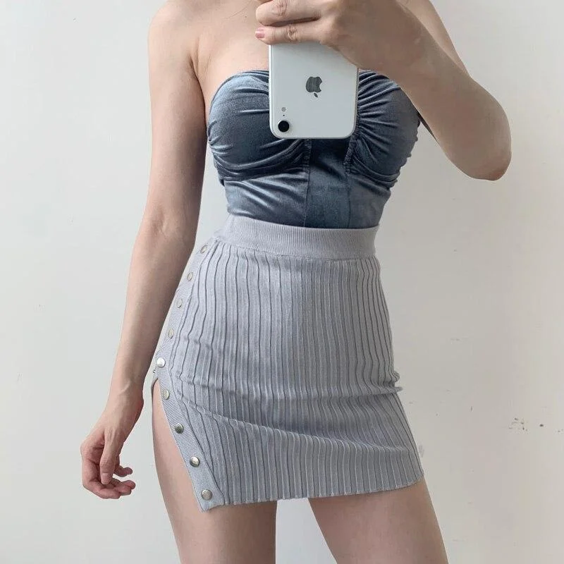 ABEBEY-BACK TO COLLEGE WOMENGAGA Korean Slim High Waist Single-breasted Knit Gold Button  Irregular Split Buttock High Waist Knitted Mini Skirt VY8