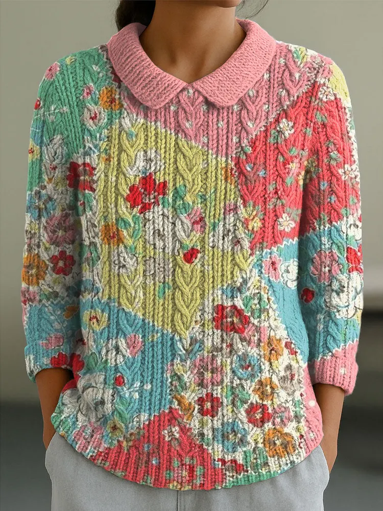 Women's Vintage Floral Splicing Art Print Casual Peter Pan Collar 3/4 Sleeve Sweater