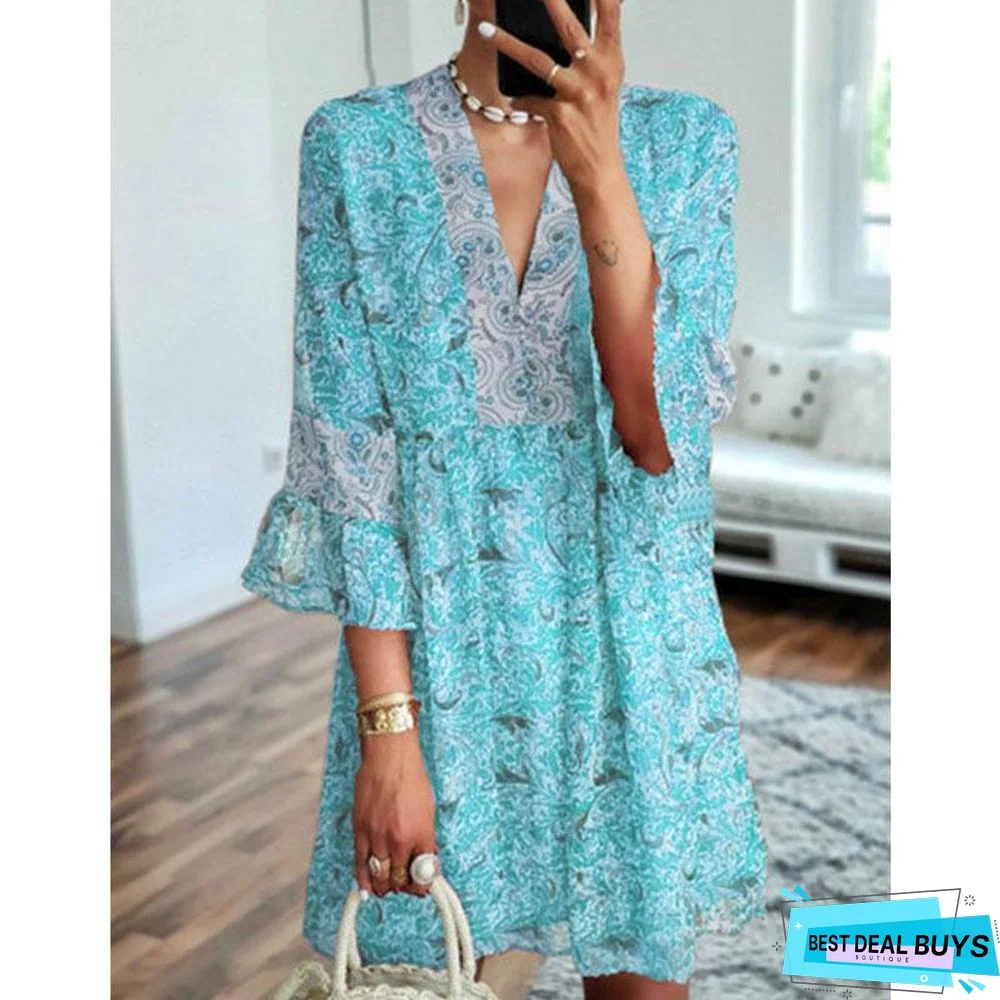 V-Neck Print Stitching Loose Cropped Flared Sleeve Dress