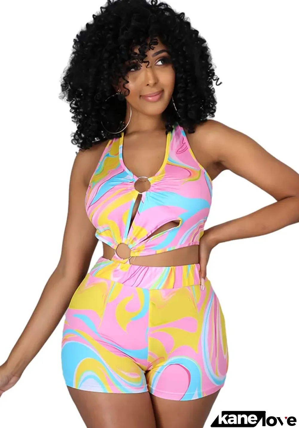 Women Summer Pink Casual Halter Sleeveless Striped Print Hollow Out Above Knee Regular Rompers