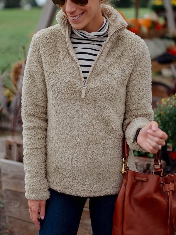 Zipper Solid Color Long Sleeve Sherpa Sweatshirt